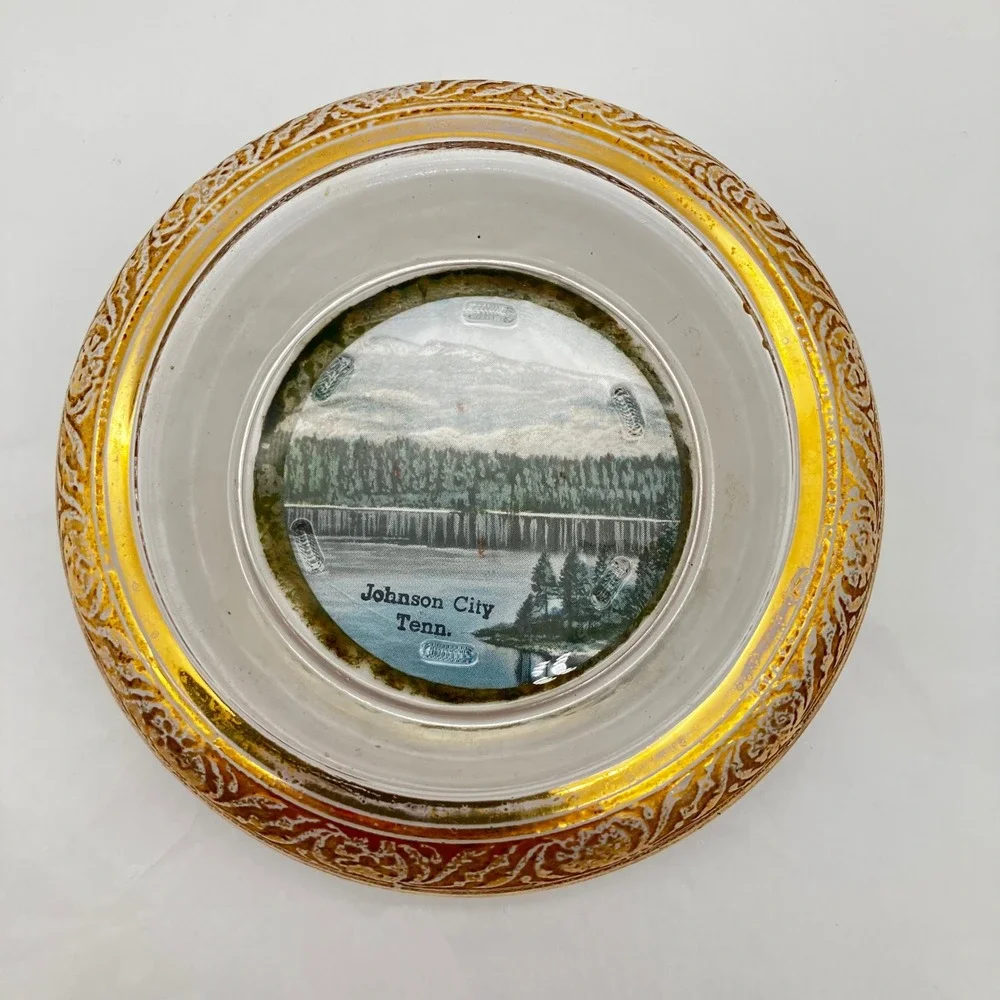 VTG Hollywood Regency Glass Coaster 4in Gold Filigree Johnson City TN Souvenir